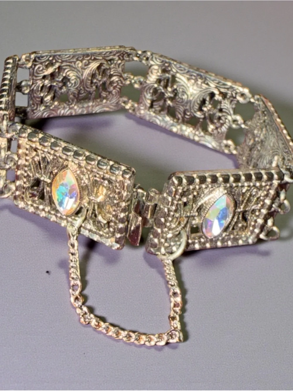 Aurora Borealis Marquise Crystal Filigree Bracelet - Silver Tone